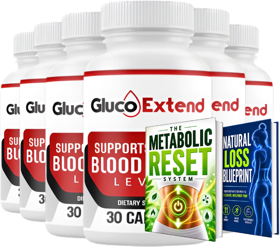 Gluco Extend six bottles with Metabolic Reset System and Natural Fat Loss Blueprint guides